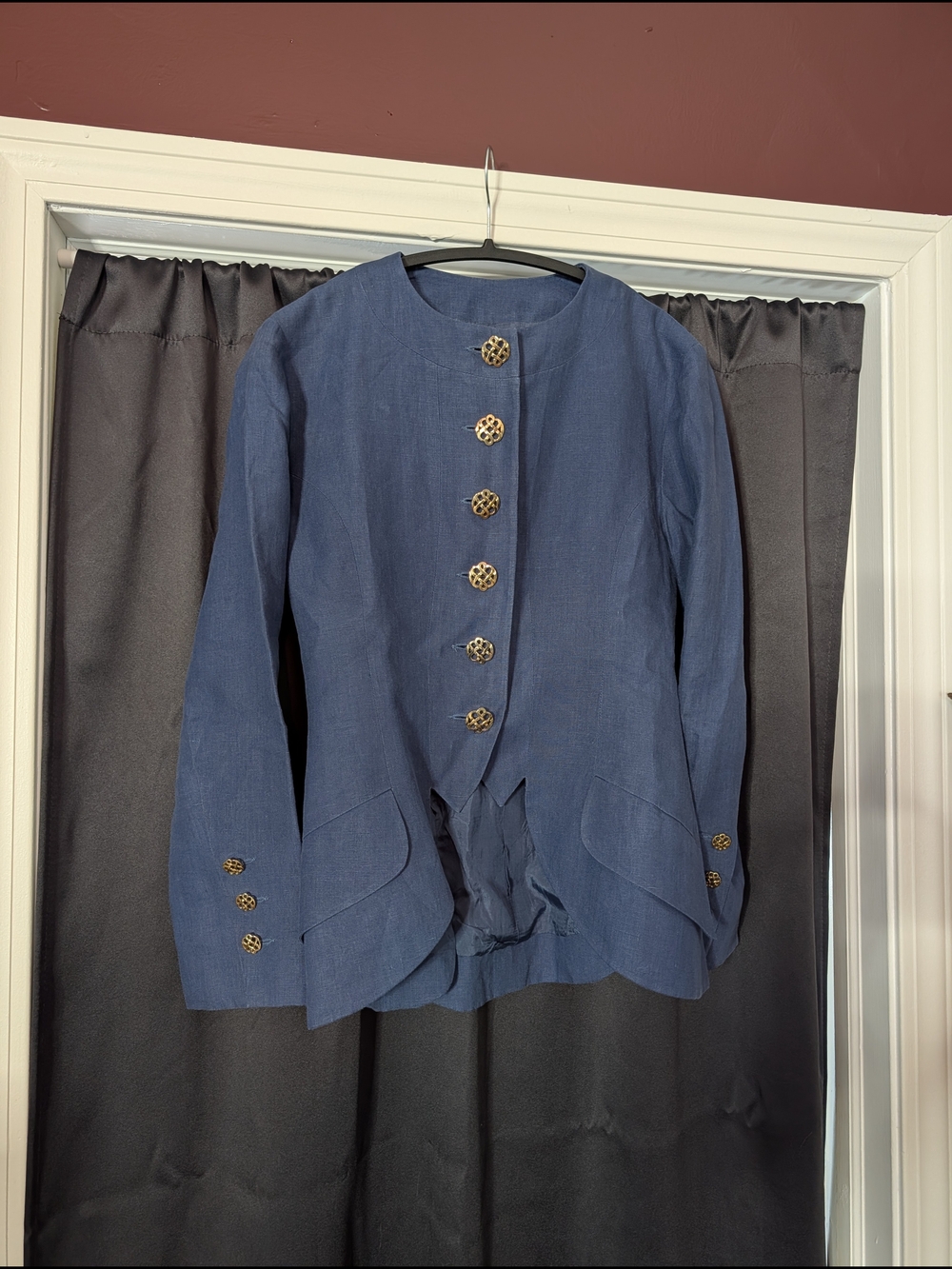 Karl Lagerfeld VTG Blue LINEN Jacket Gold Woven Celtic Gold Chrome Buttons 38